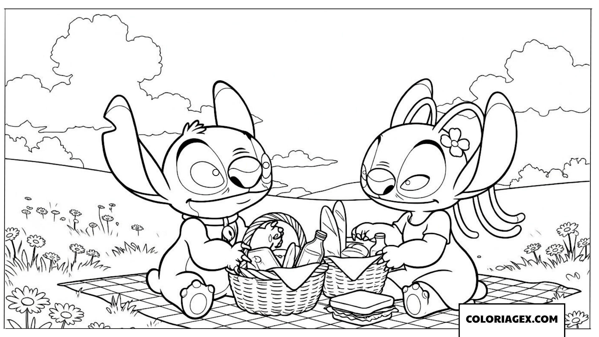 Page de coloriage de Stitch et Angel préparant le pique-nique