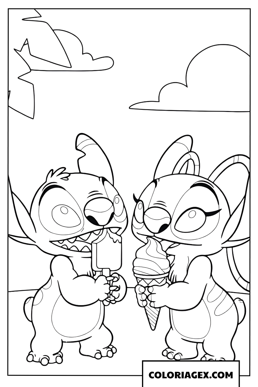 Page de coloriage de Stitch et Angel se promenant avec des glaces