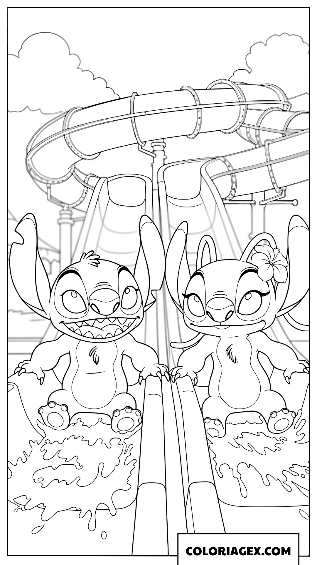 Page de coloriage de Stitch et Angel sur un toboggan aquatique