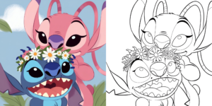 coloriage stitch et angel avec des fleurs ft