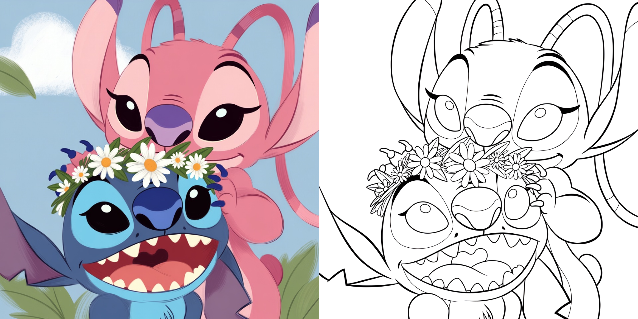 coloriage stitch et angel avec des fleurs ft