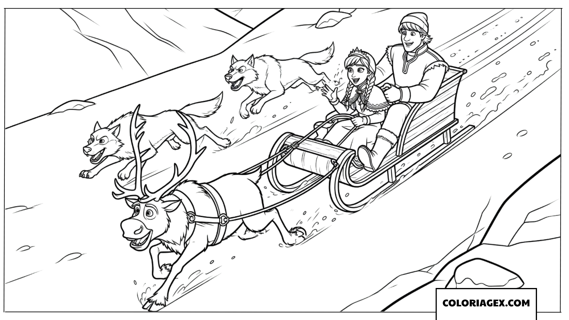 Anna et Kristoff en aventure sur leur traineau avec Sven