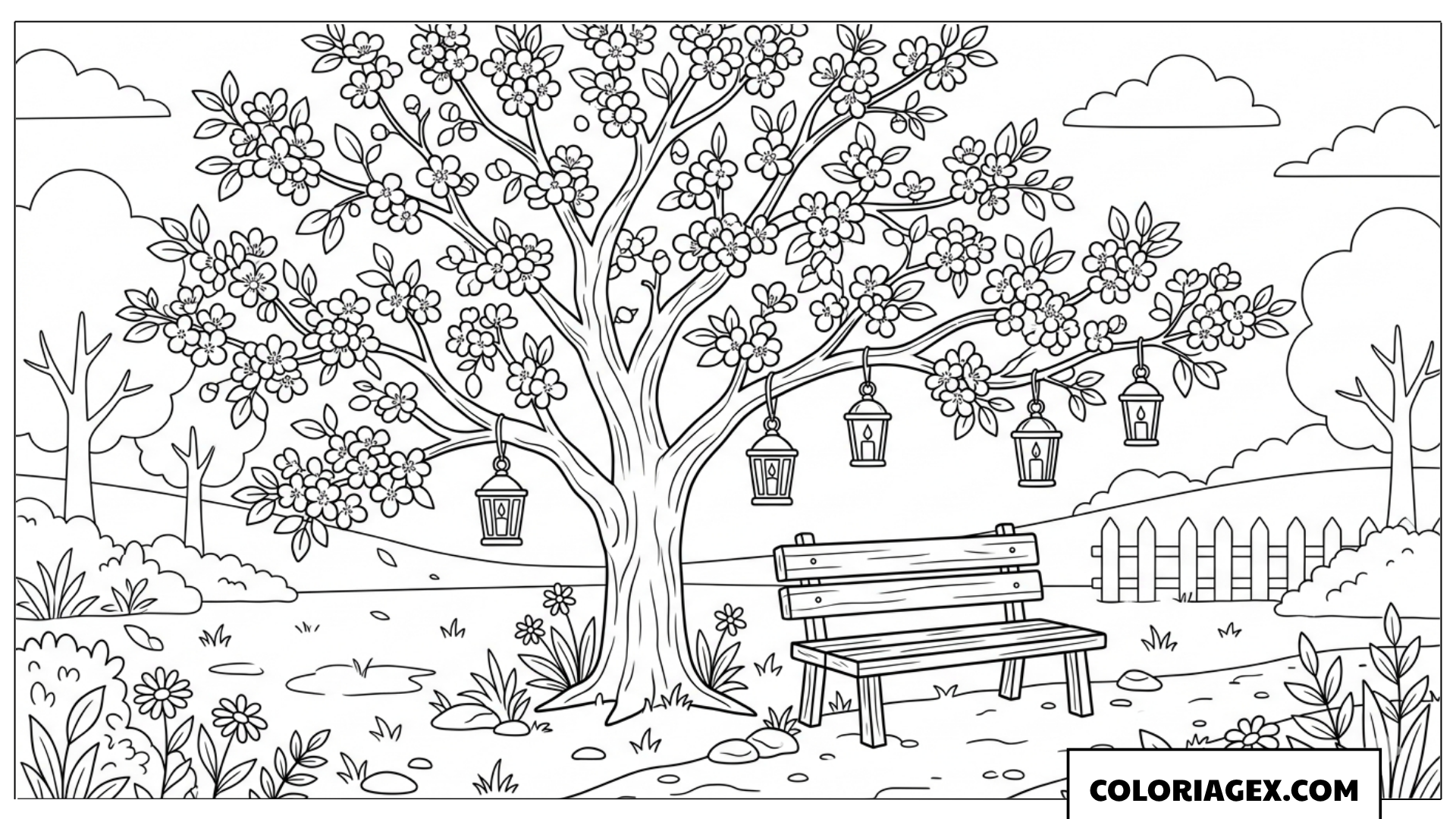 Coloriage Arbre Printanier près d’un Banc en Bois
