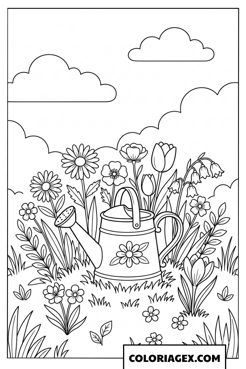 Coloriage Arrosoir au Milieu du Jardin Printanier