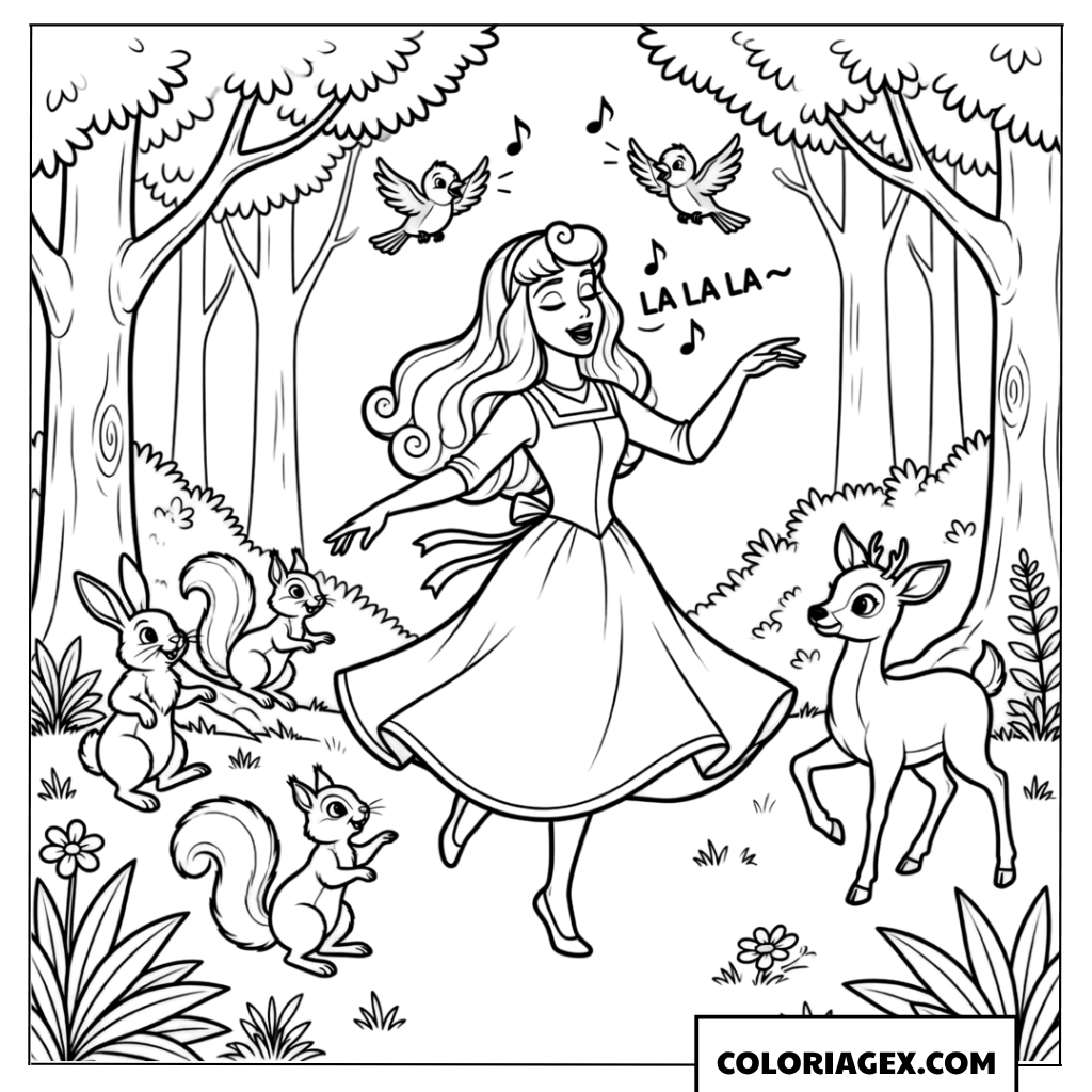 Coloriage Aurora chantant avec ses amis les animaux de la foret