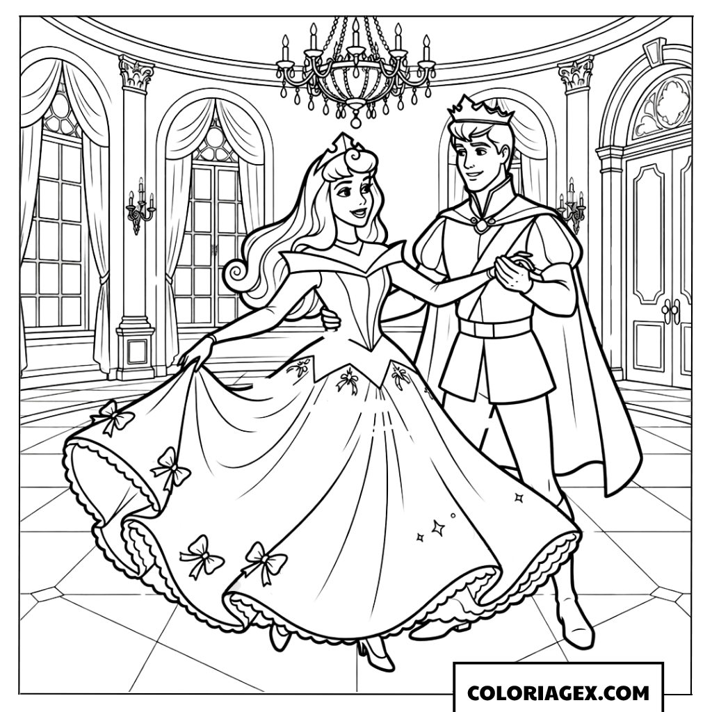 Coloriage Aurora et le Prince Philippe dansant dans le palais royal