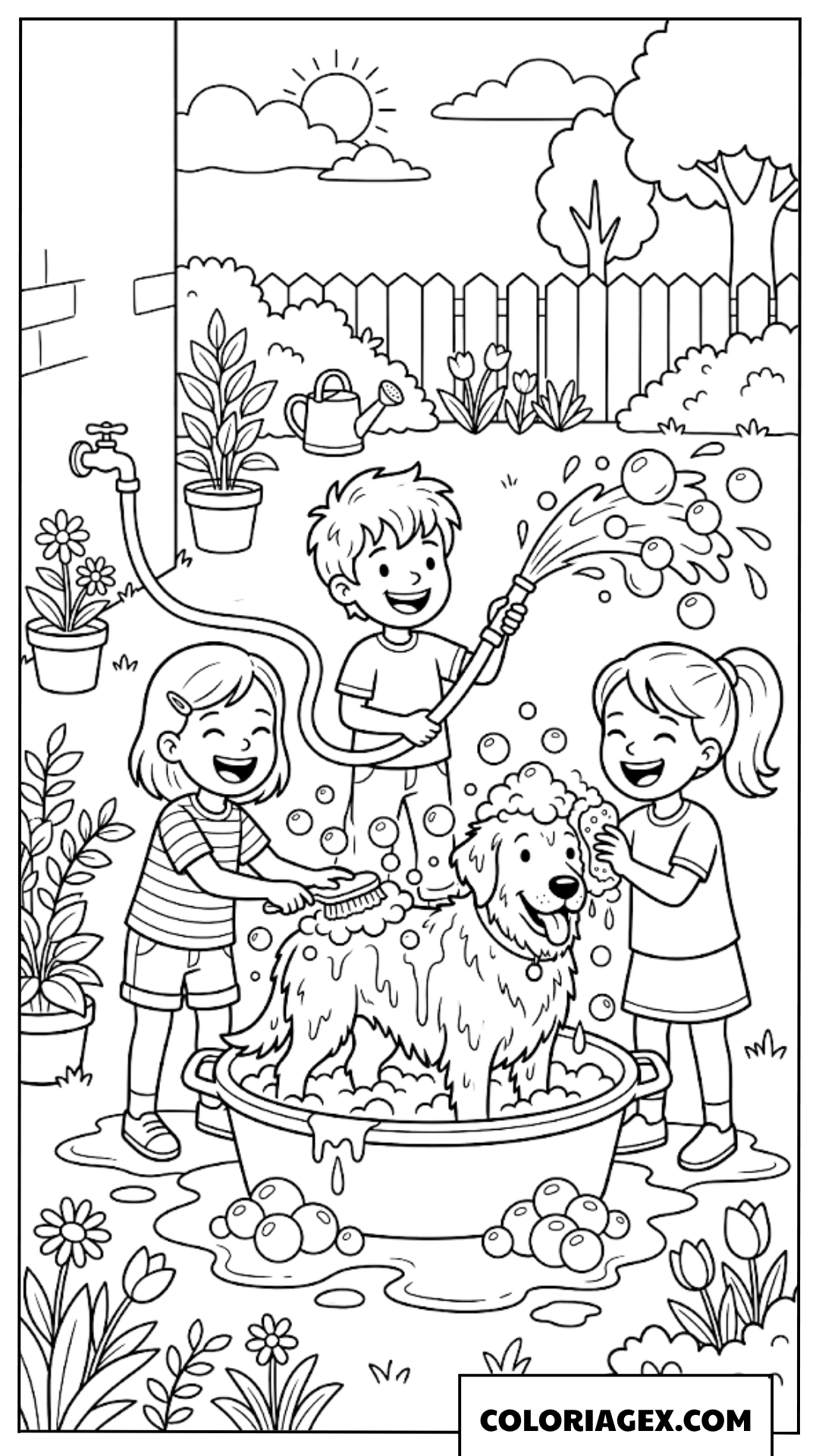 Coloriage Bain du chiot dans le jardin