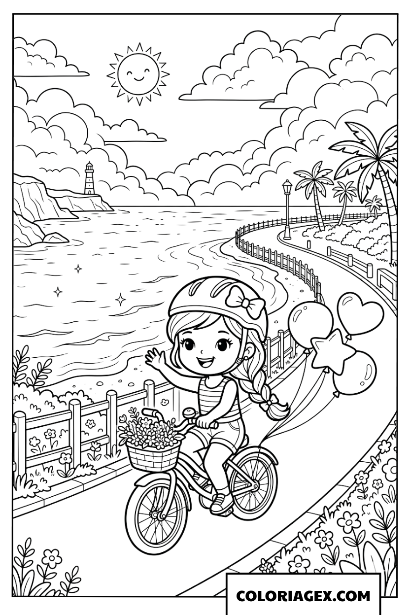 Coloriage Barbie à vélo au bord de la mer