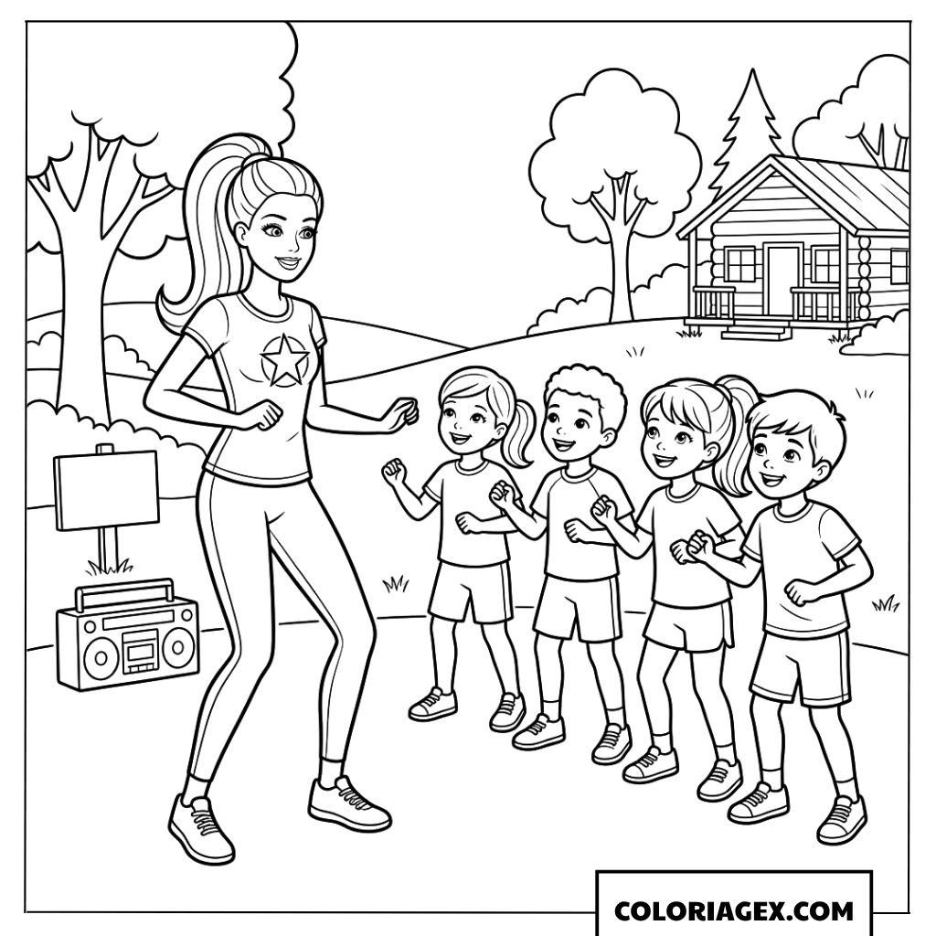 Coloriage Barbie animatrice apprenant aux enfants à danser au camp de vacances