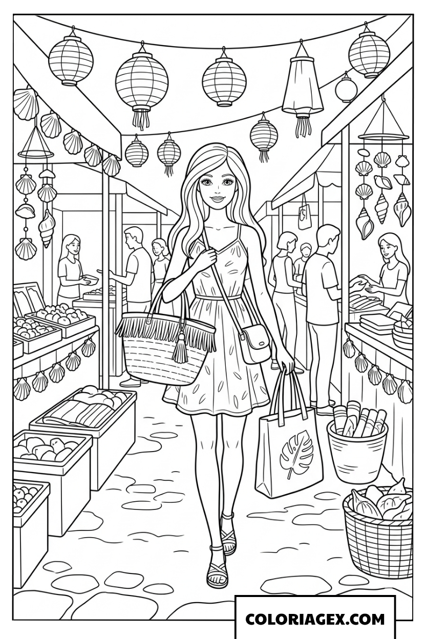 Coloriage Barbie au marché de nuit des lanternes