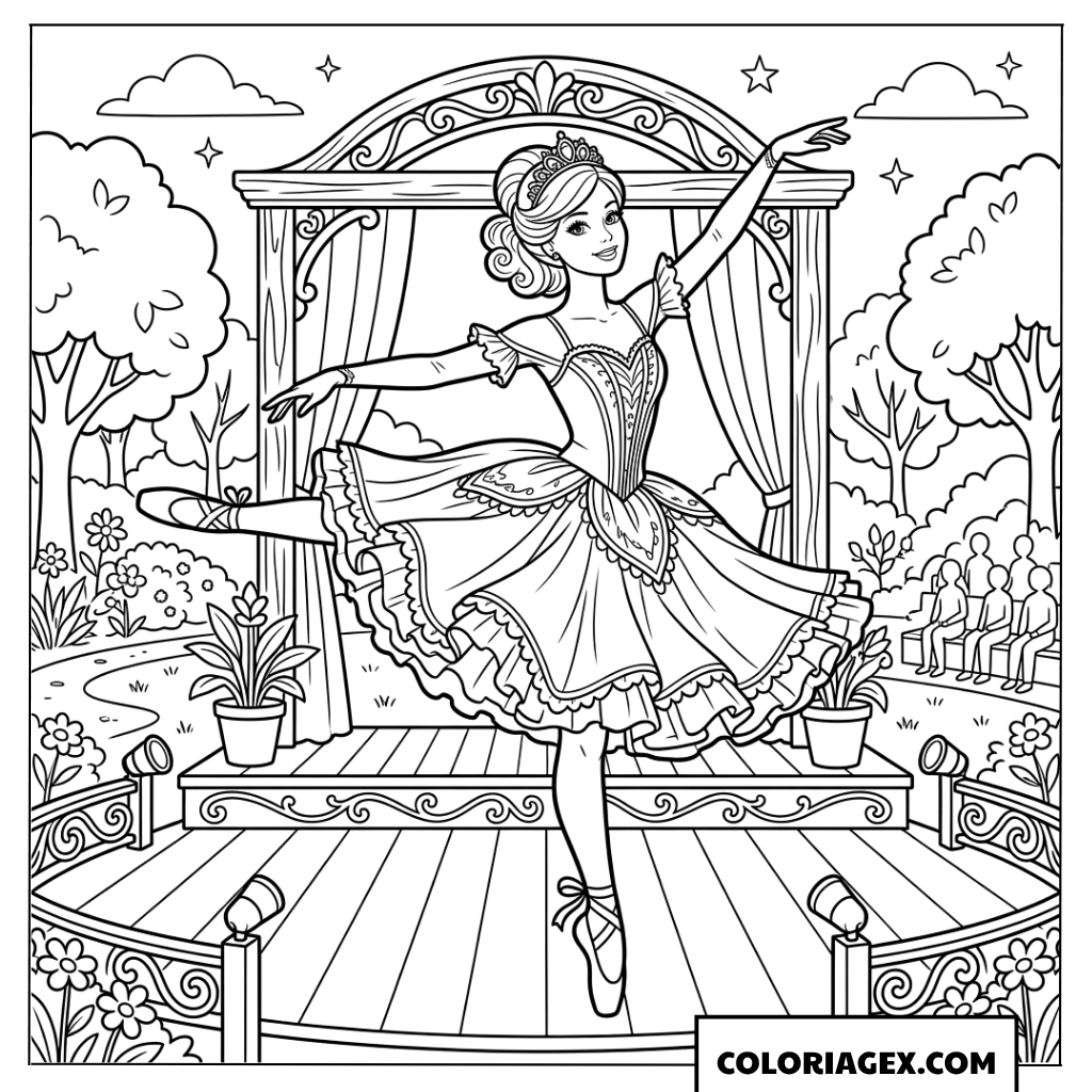 Coloriage Barbie ballerine en spectacle sur une scène de théâtre en plein air