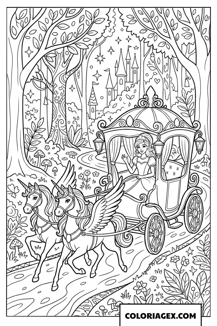Coloriage Barbie en carrosse de licorne ailée