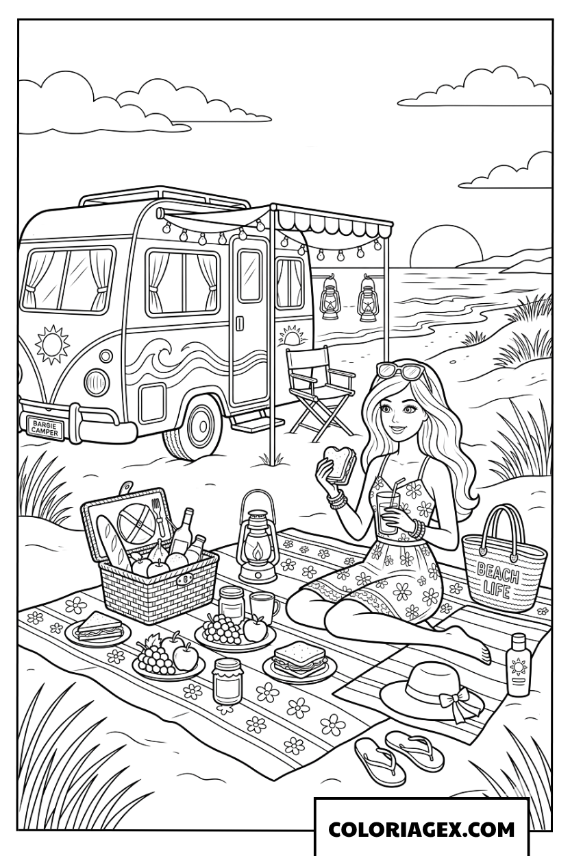 Coloriage Barbie en pique-nique à la plage