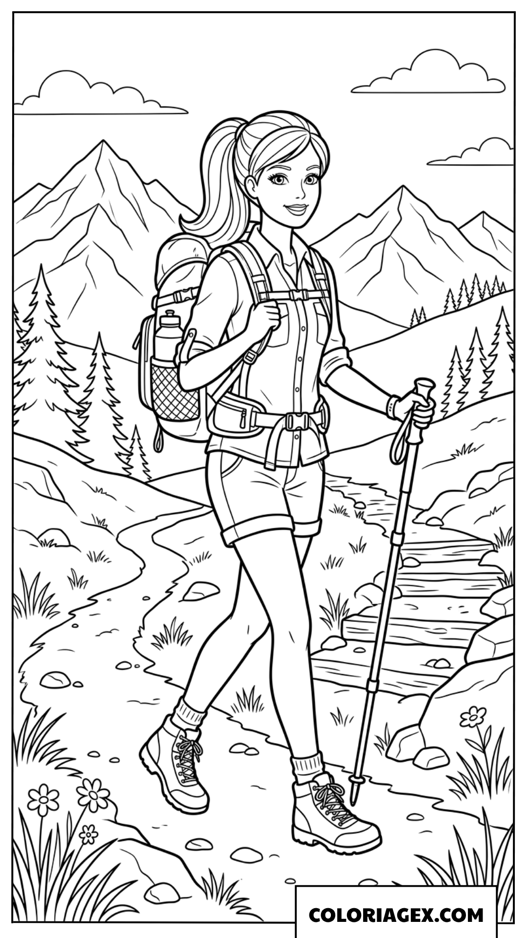 Coloriage Barbie en randonnée à la montagne avec un sac à dos et un bâton