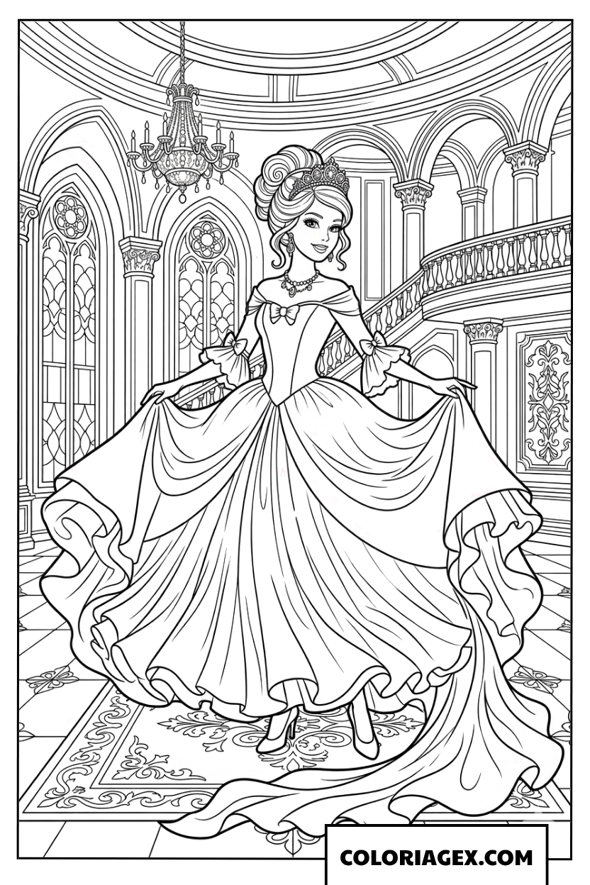 Coloriage Barbie en robe de bal au palais