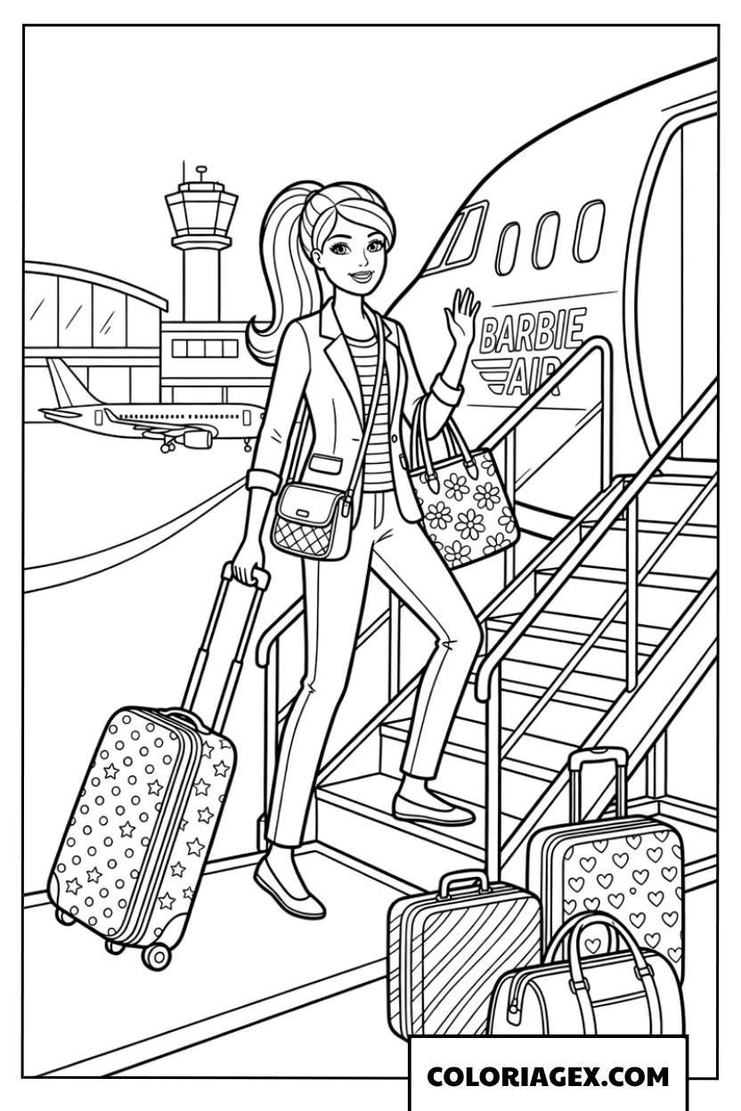 Coloriage Barbie en voyage en avion, saluant depuis les escaliers de l'appareil