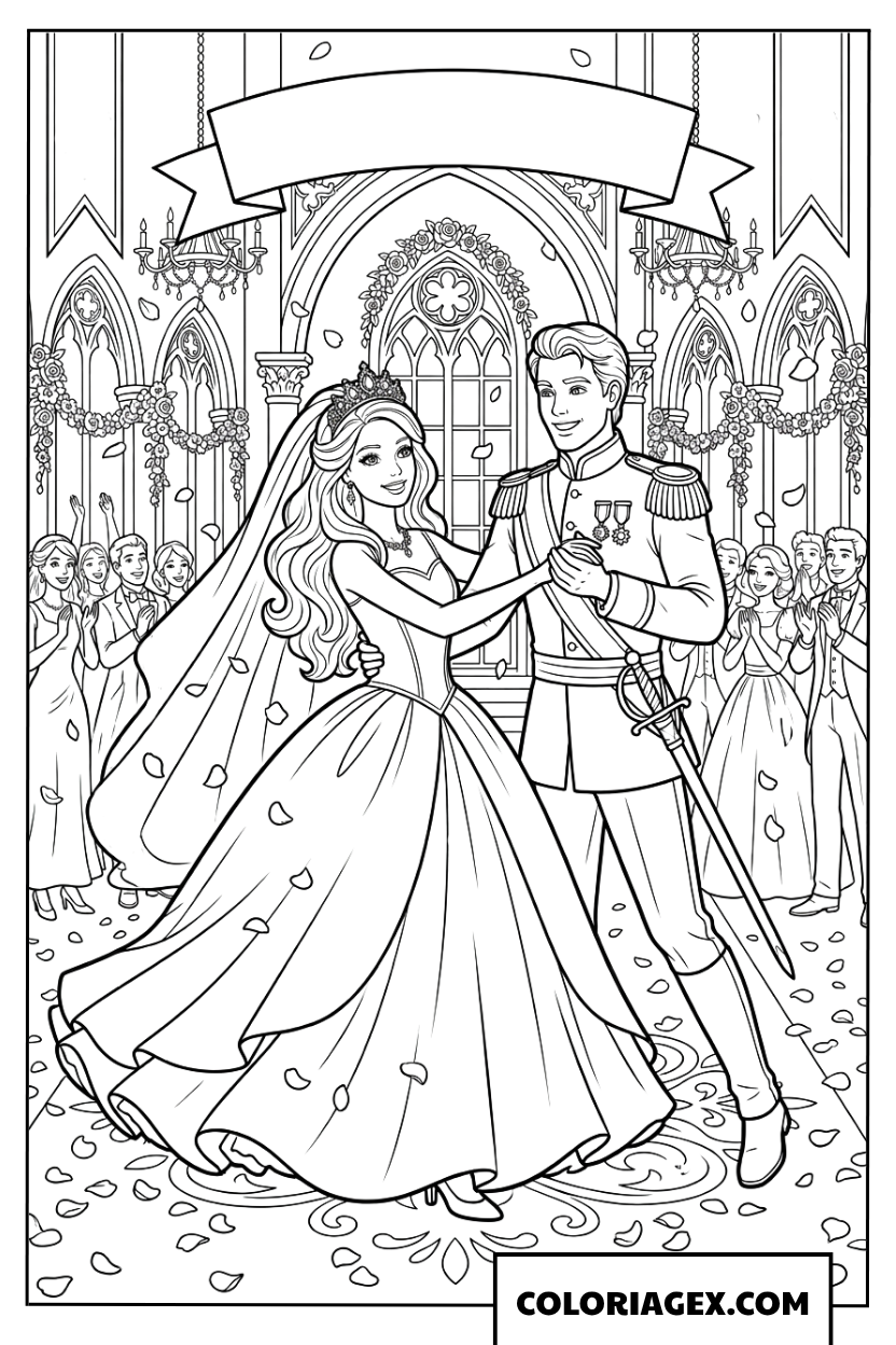Coloriage Barbie et le prince dansent au château