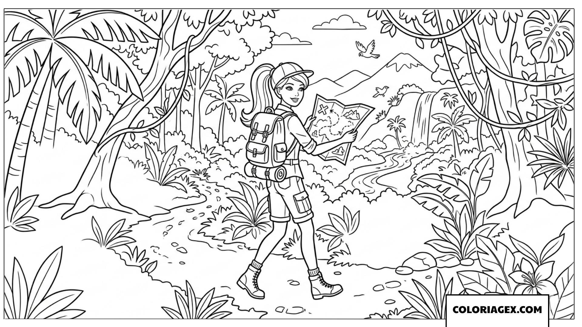 Coloriage Barbie explore la jungle avec sa carte