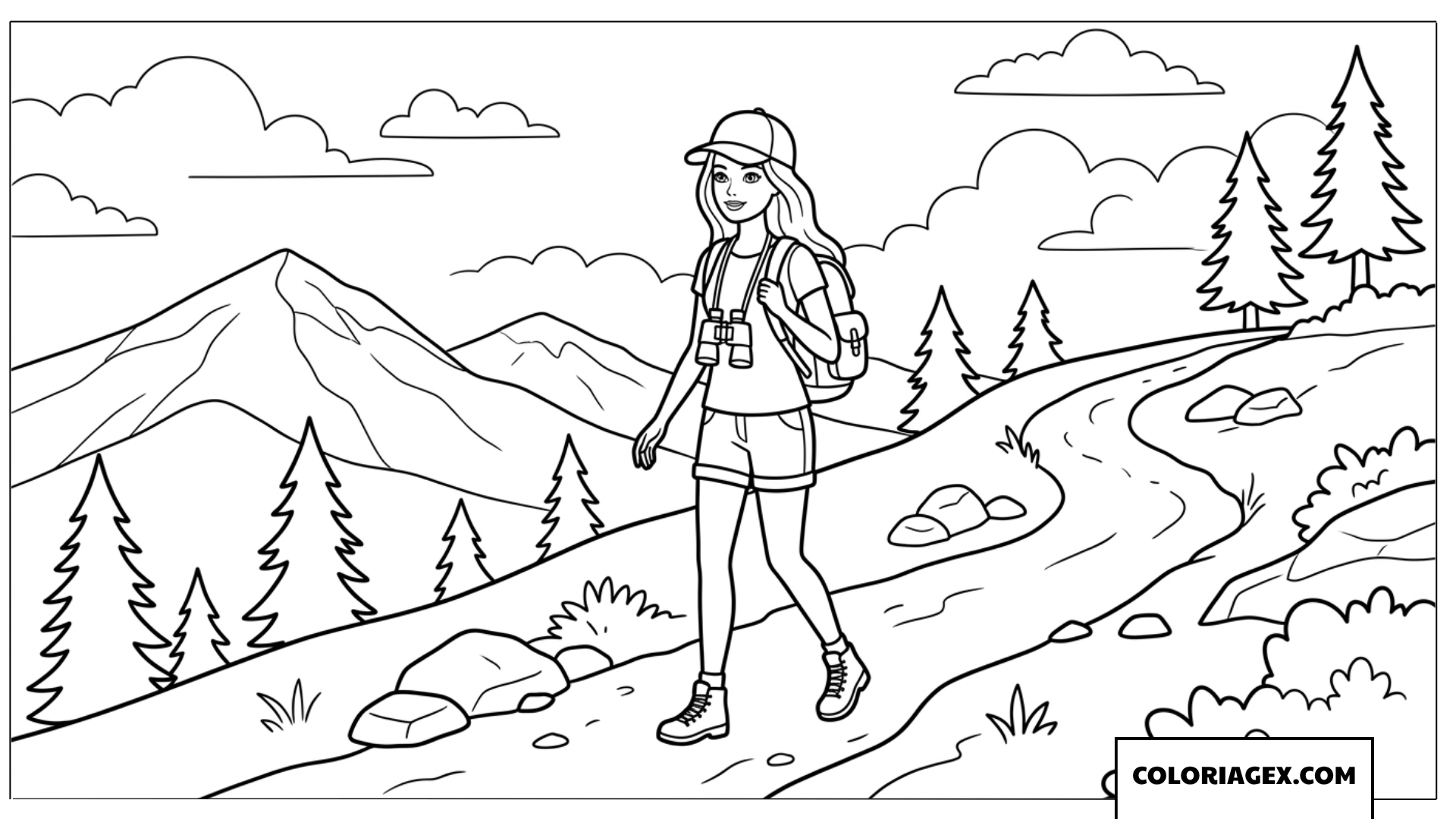 Coloriage Barbie fait de la randonnée en montagne