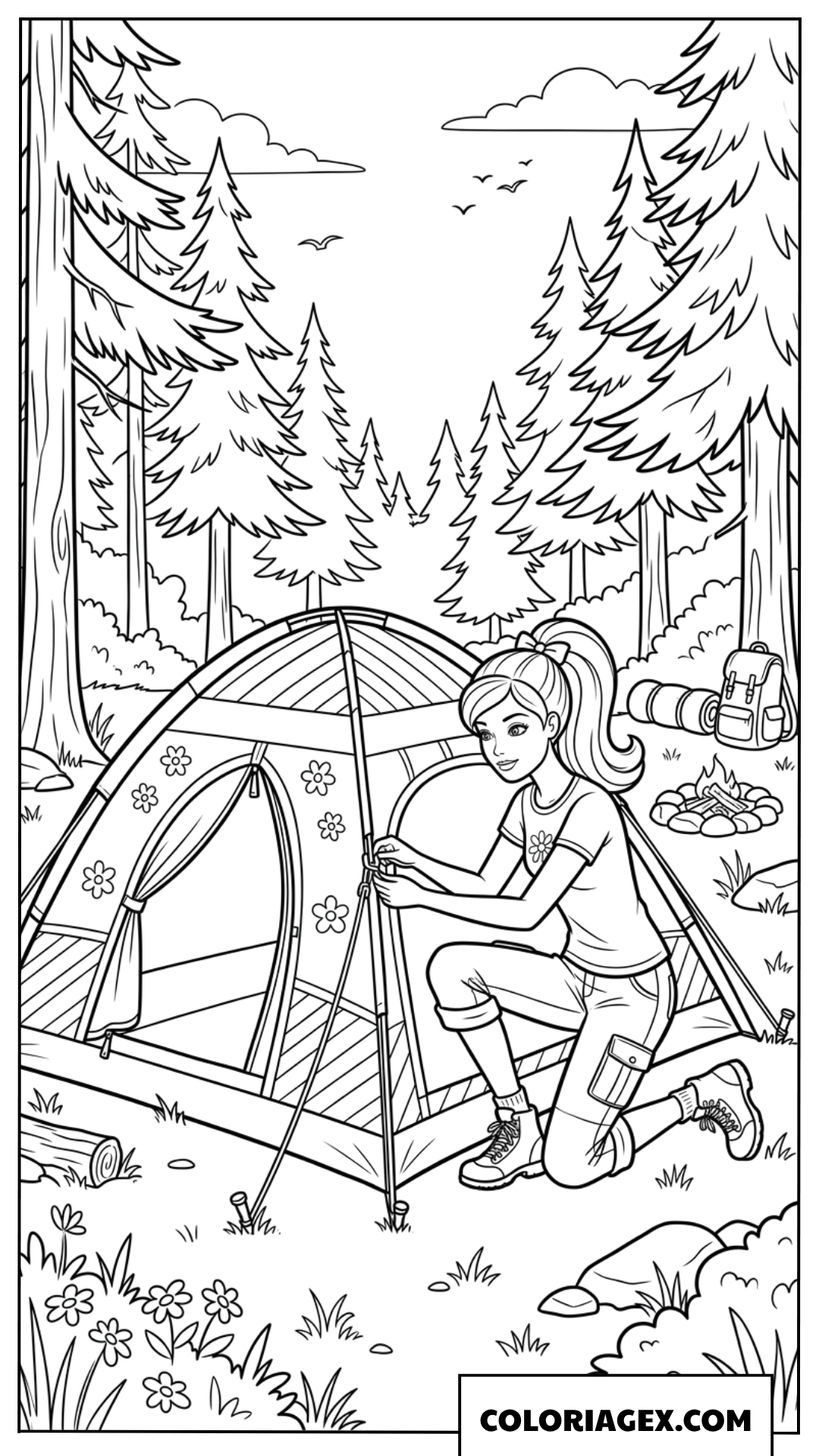 Coloriage Barbie installant une belle tente de camping dans la forêt de pins