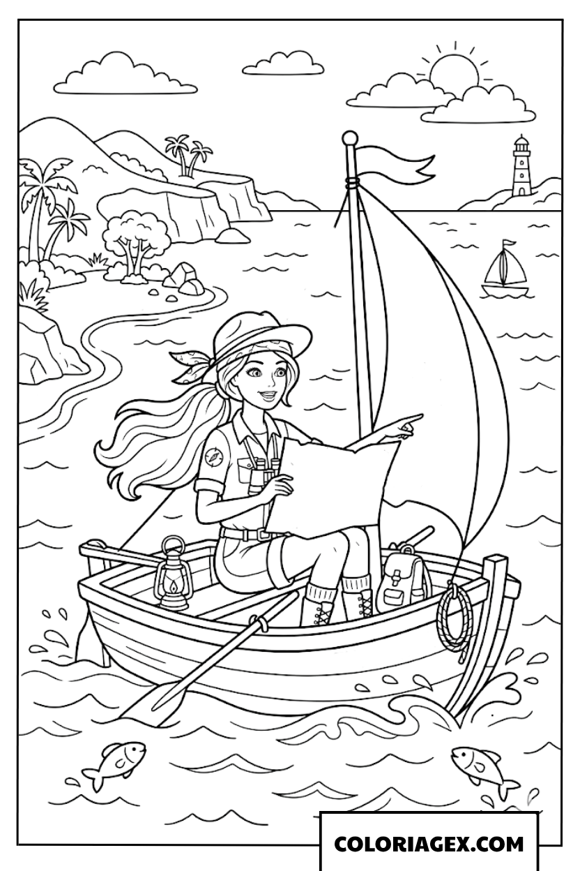 Coloriage Barbie navigue en voilier sur l'océan