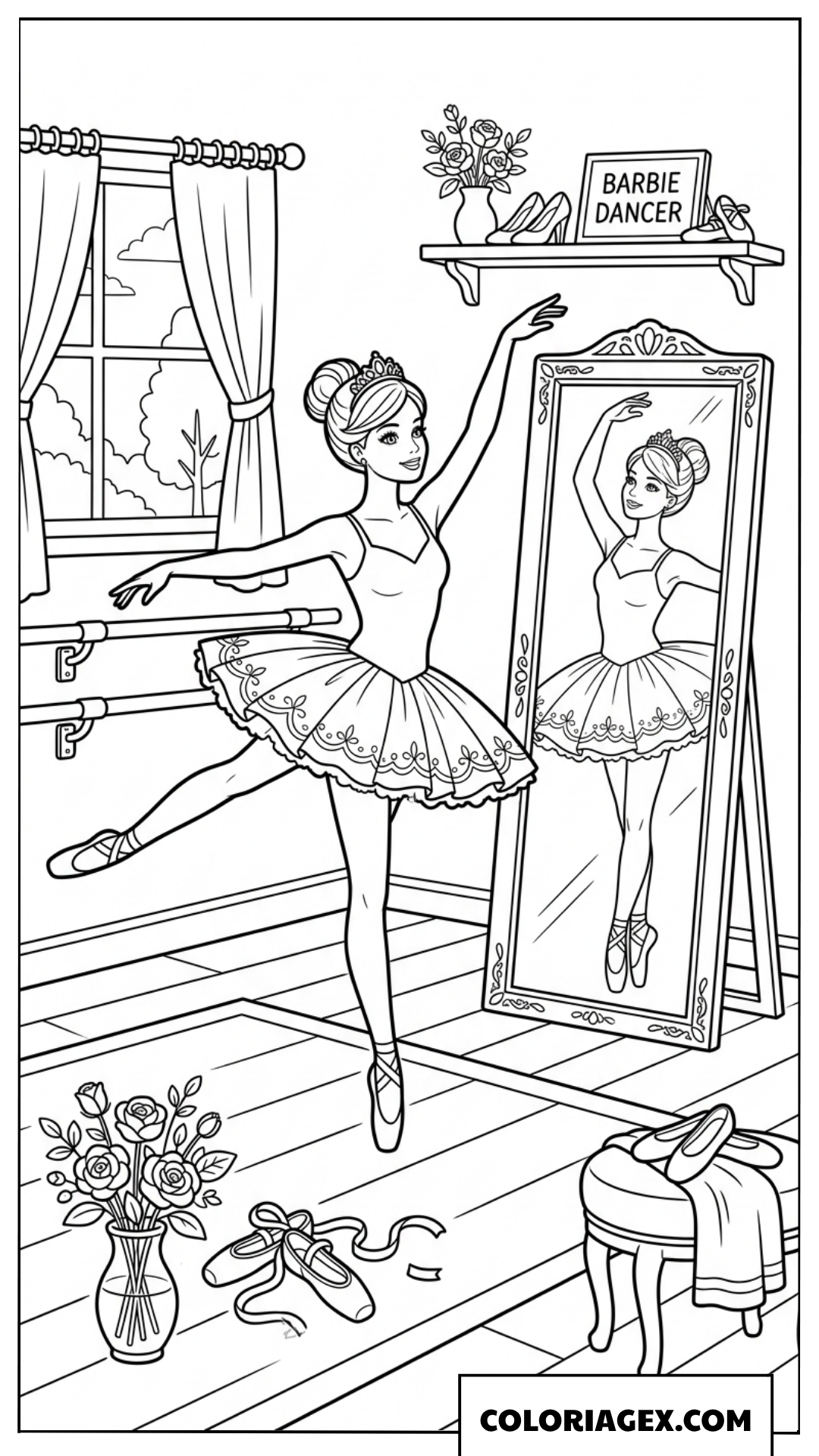 Coloriage Barbie pratique la danse devant le miroir