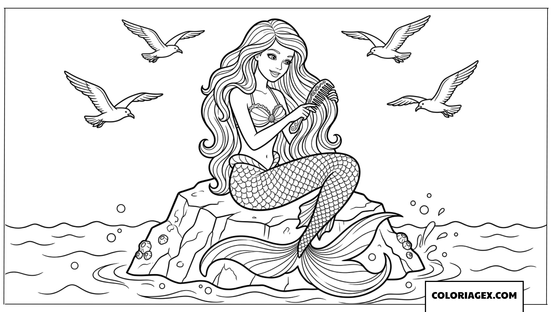 Coloriage Barbie sirène assise sur un rocher pour peigner ses longs cheveux