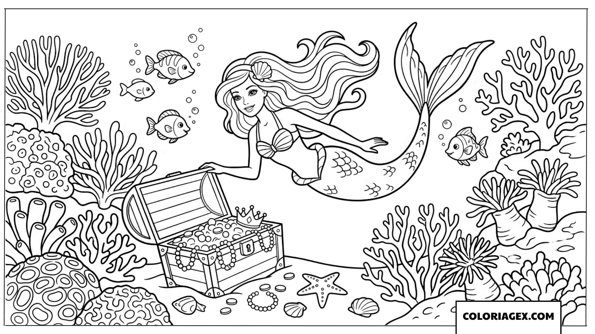 Coloriage Barbie sirène découvrant un coffre aux trésors au fond de l'océan