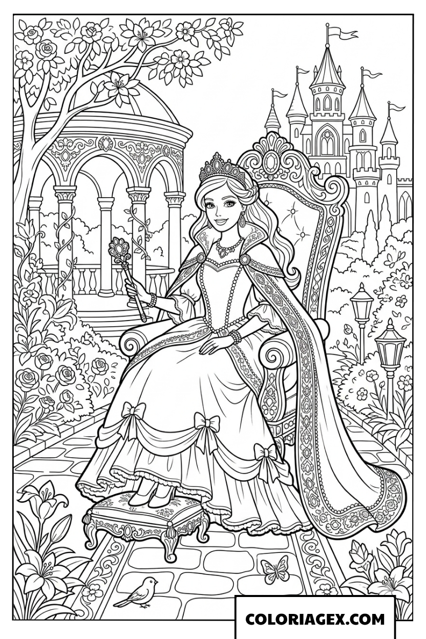 Coloriage Barbie sur le trône du jardin royal