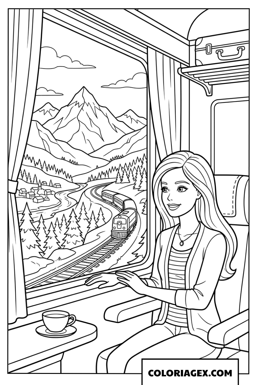 Coloriage Barbie voyageant en train et admirant la vue sur la montagne