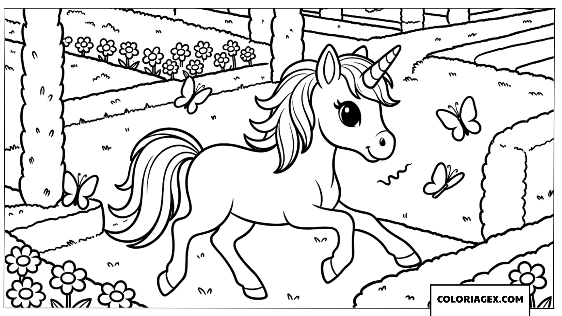 Coloriage Bébé licorne courant dans le jardin avec des papillons