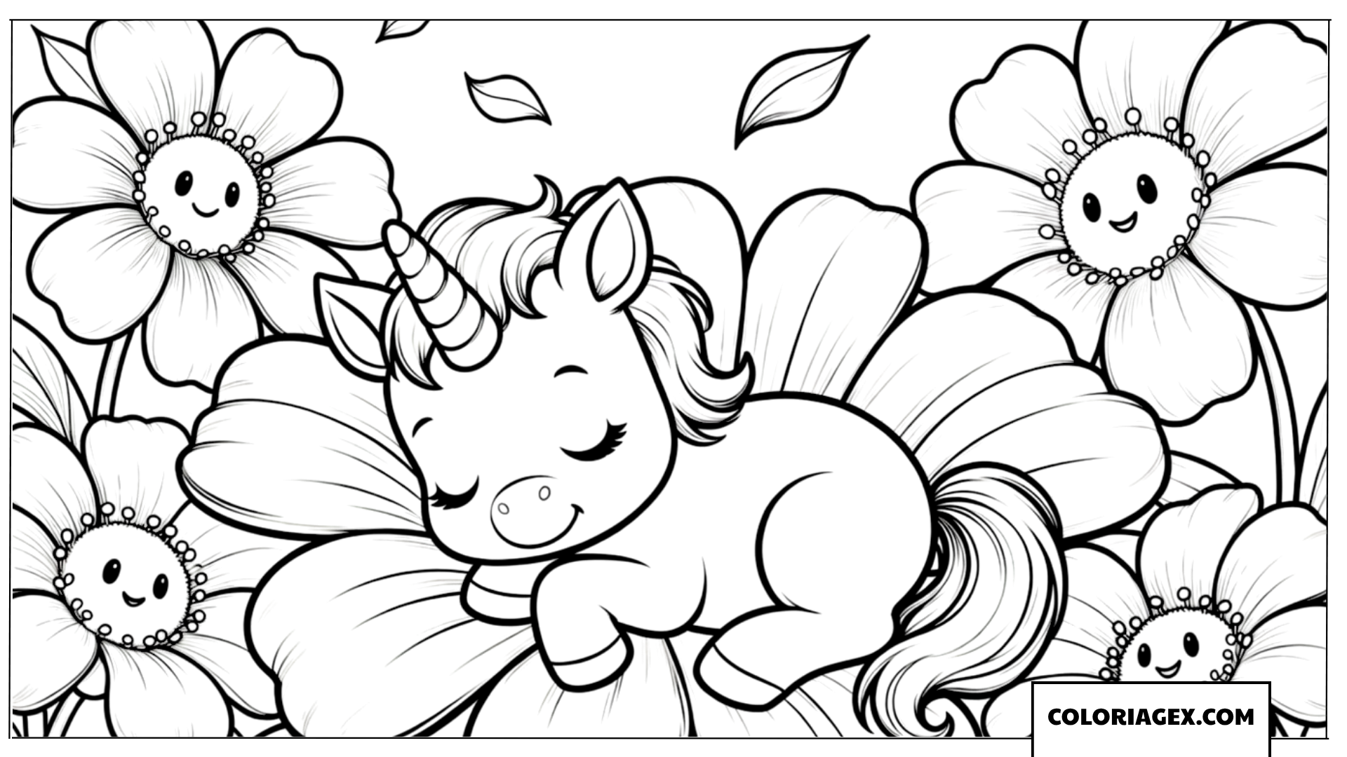 Coloriage Bébé licorne endormie au milieu des fleurs géantes