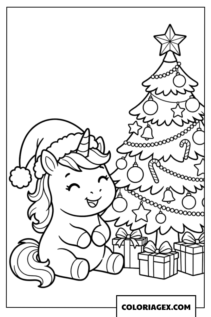 Coloriage Bébé licorne kawaii avec bonnet de Père Noël près du sapin de Noël