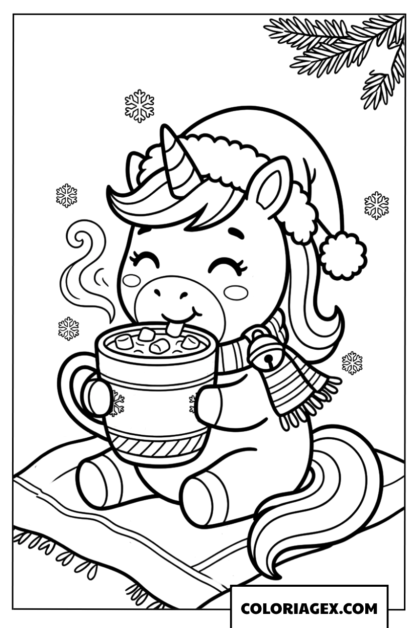 Coloriage Bébé licorne kawaii buvant un chocolat chaud