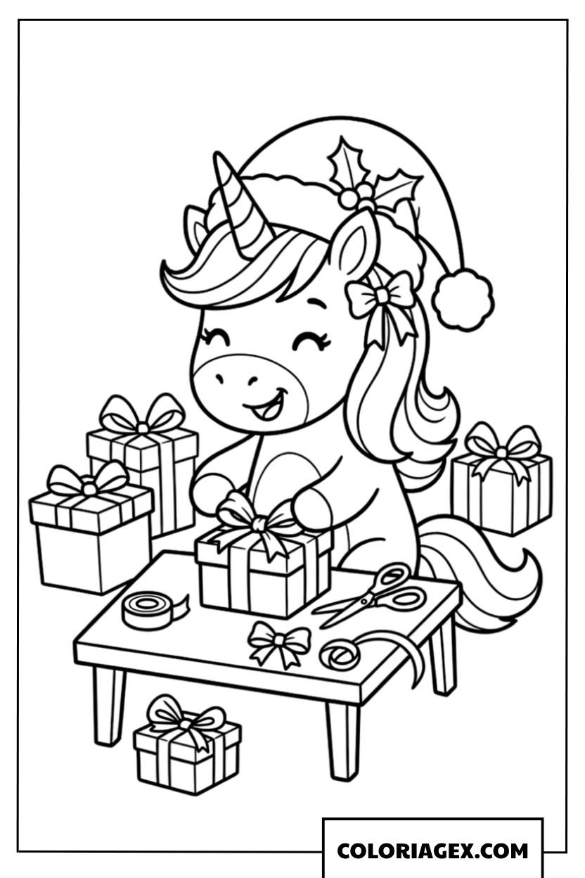 Coloriage Bébé licorne kawaii entourée de cadeaux de Noël
