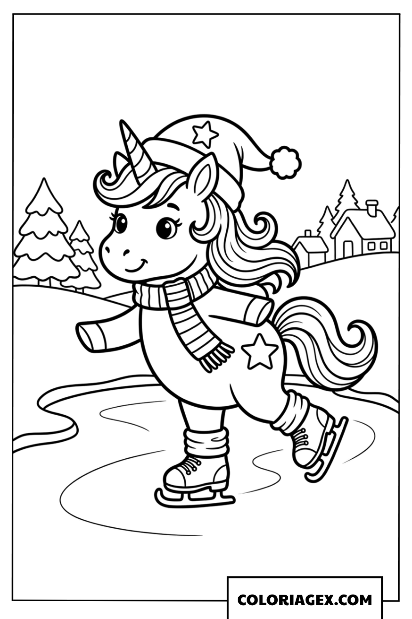 Coloriage Bébé licorne kawaii faisant du patin à glace sur le lac
