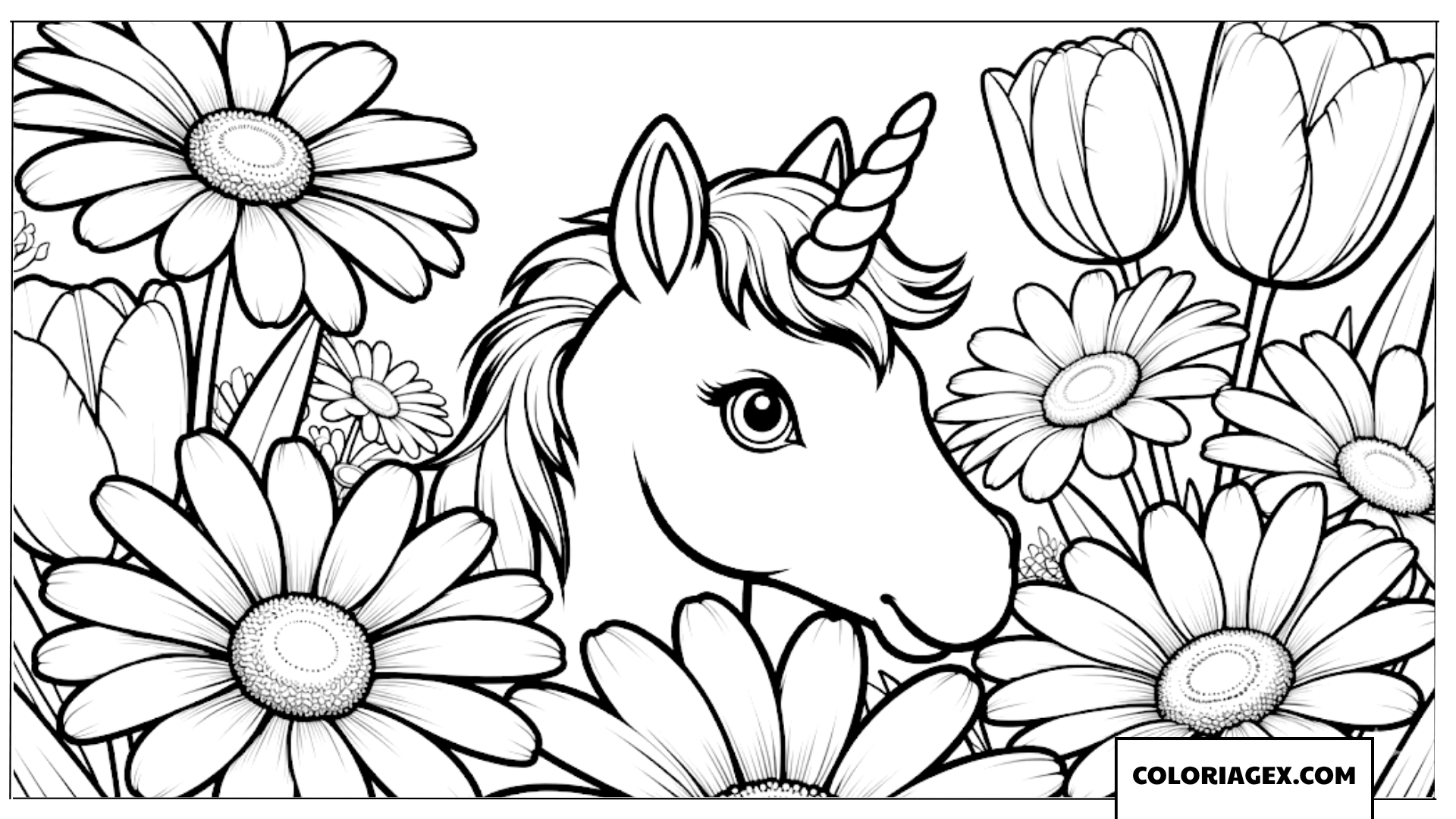 Coloriage Bébé licorne mignonne au milieu des grandes marguerites