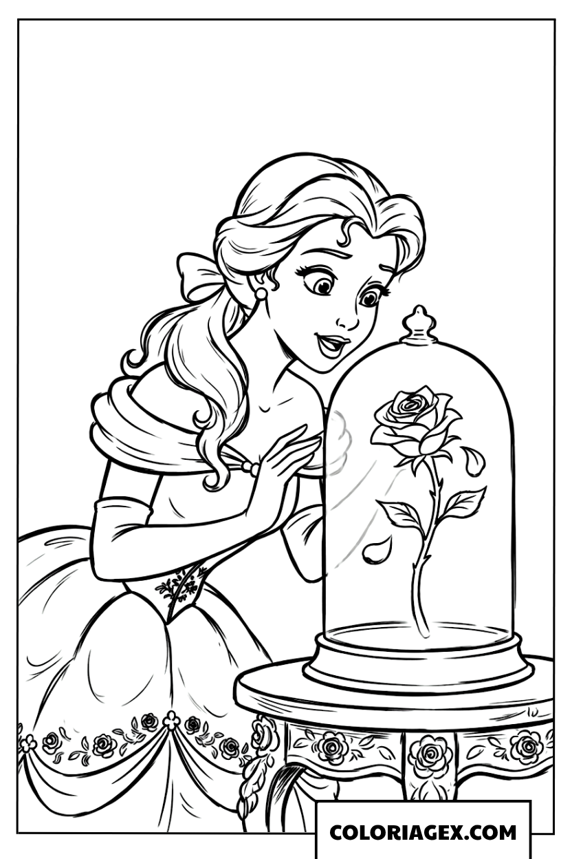 Coloriage Belle admirant la rose enchantée sous cloche