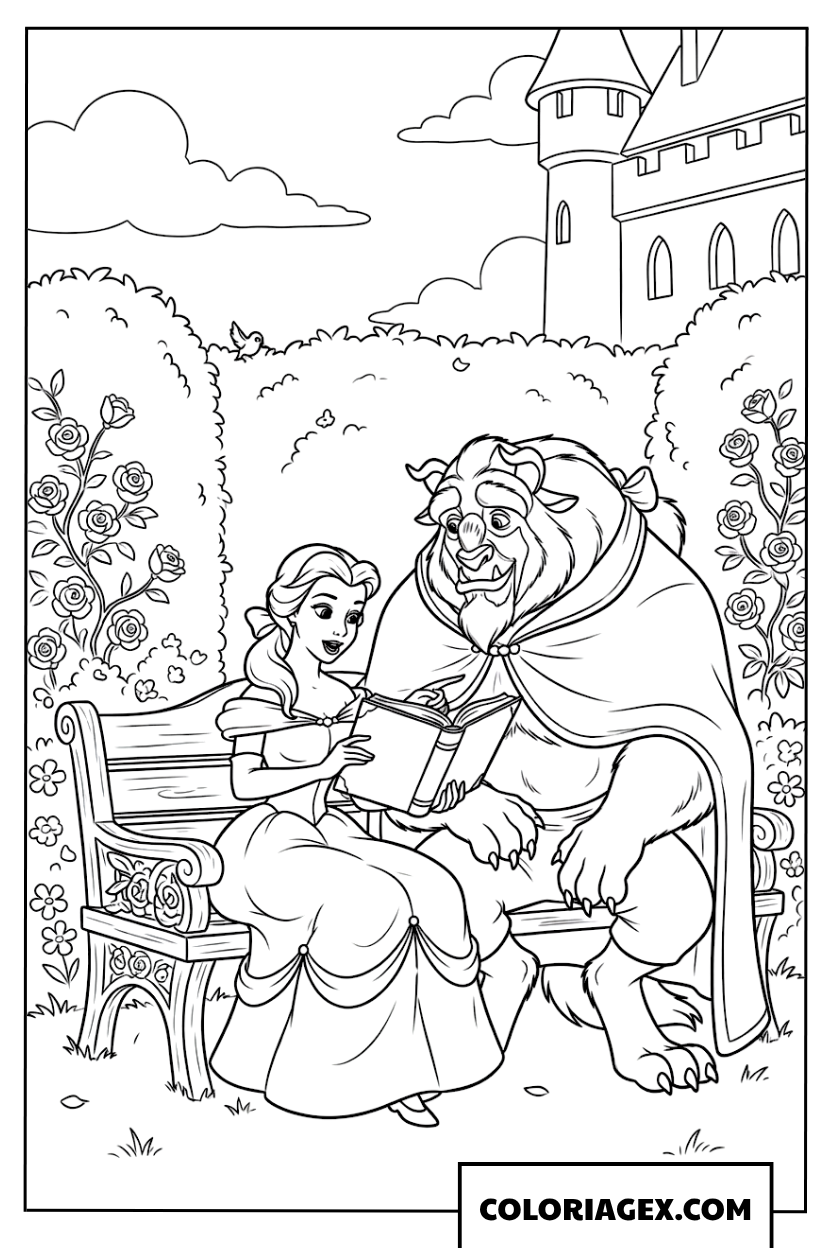 Coloriage Belle et la Bête lisant un livre dans le jardin du château