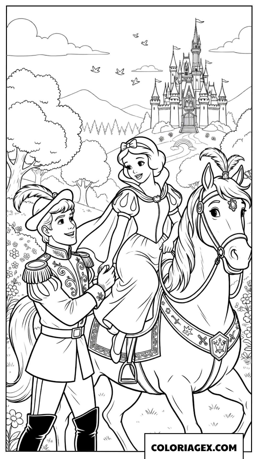 Coloriage Blanche Neige à cheval guidée par le Prince