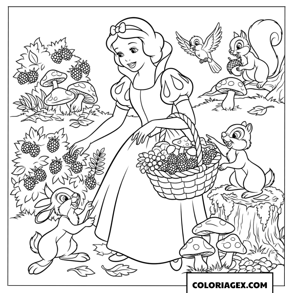 Coloriage Blanche Neige cueillant des baies avec les animaux