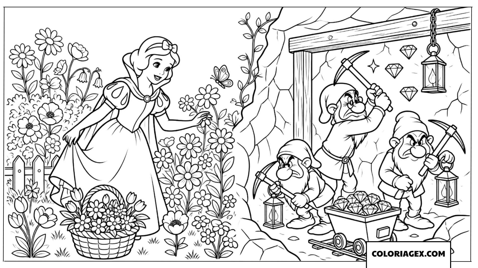 Coloriage Blanche-Neige cueillant des fleurs et les nains dans la mine