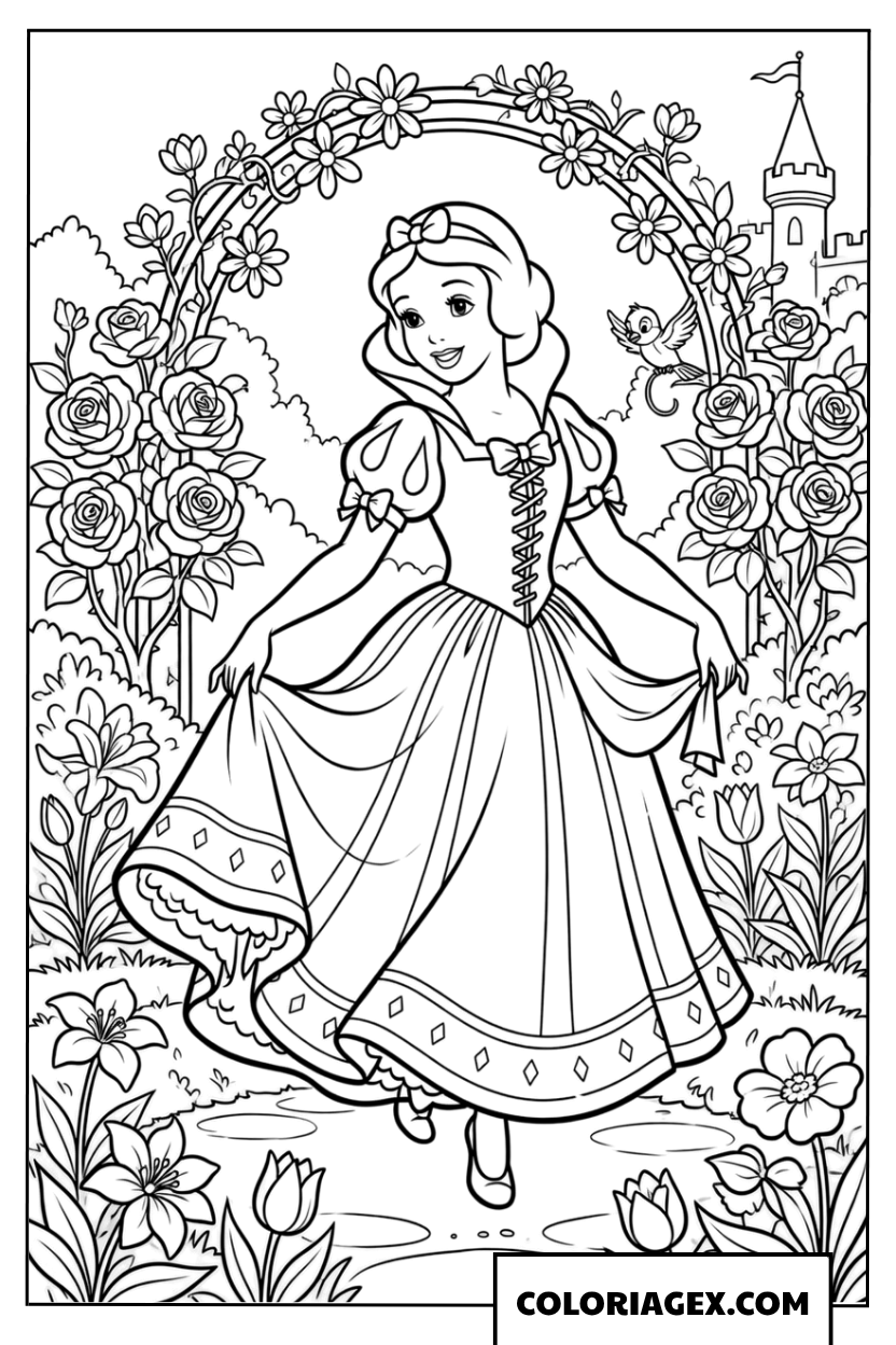 Coloriage Blanche Neige en robe de bal sous une arche de roses