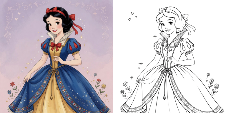 A blank coloring page featuring Snow White with her iconic red cape and crown, ready for kids to color