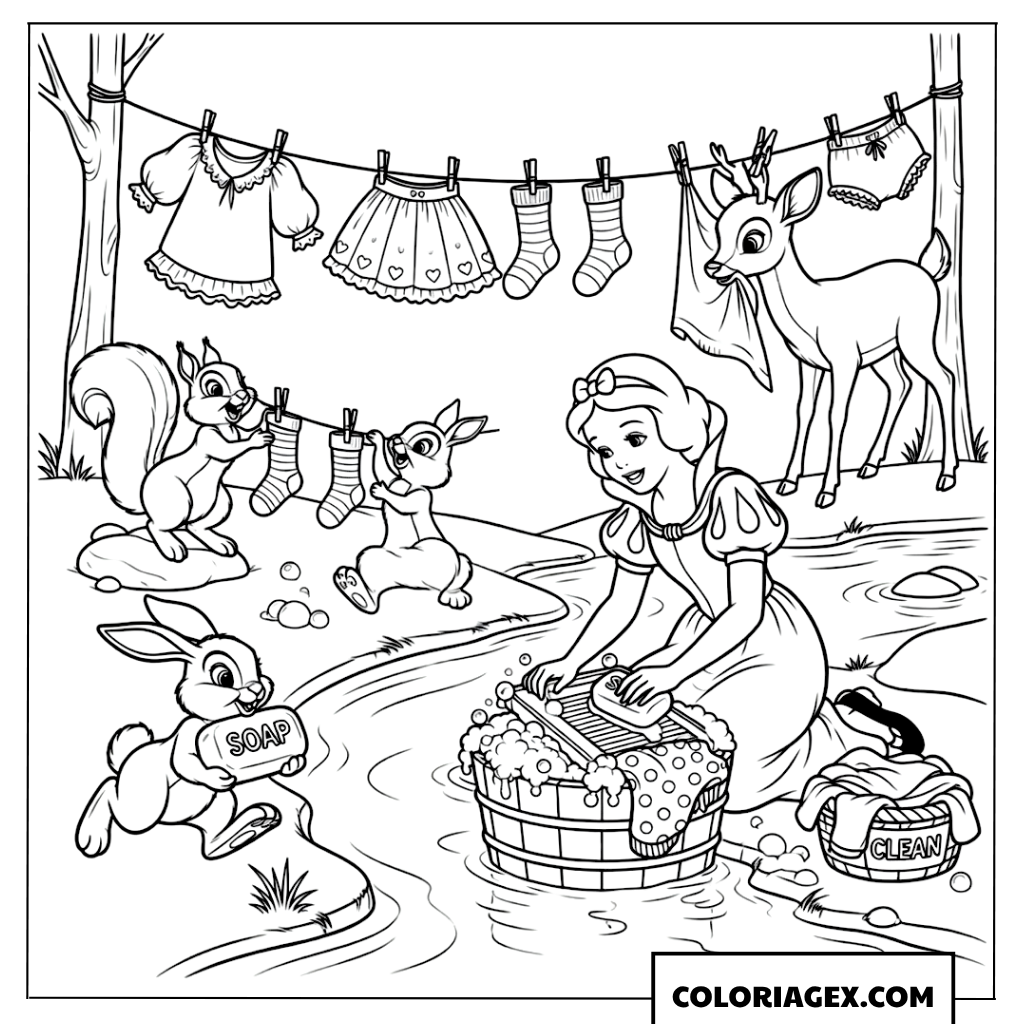 Coloriage Blanche Neige lavant le linge avec les animaux