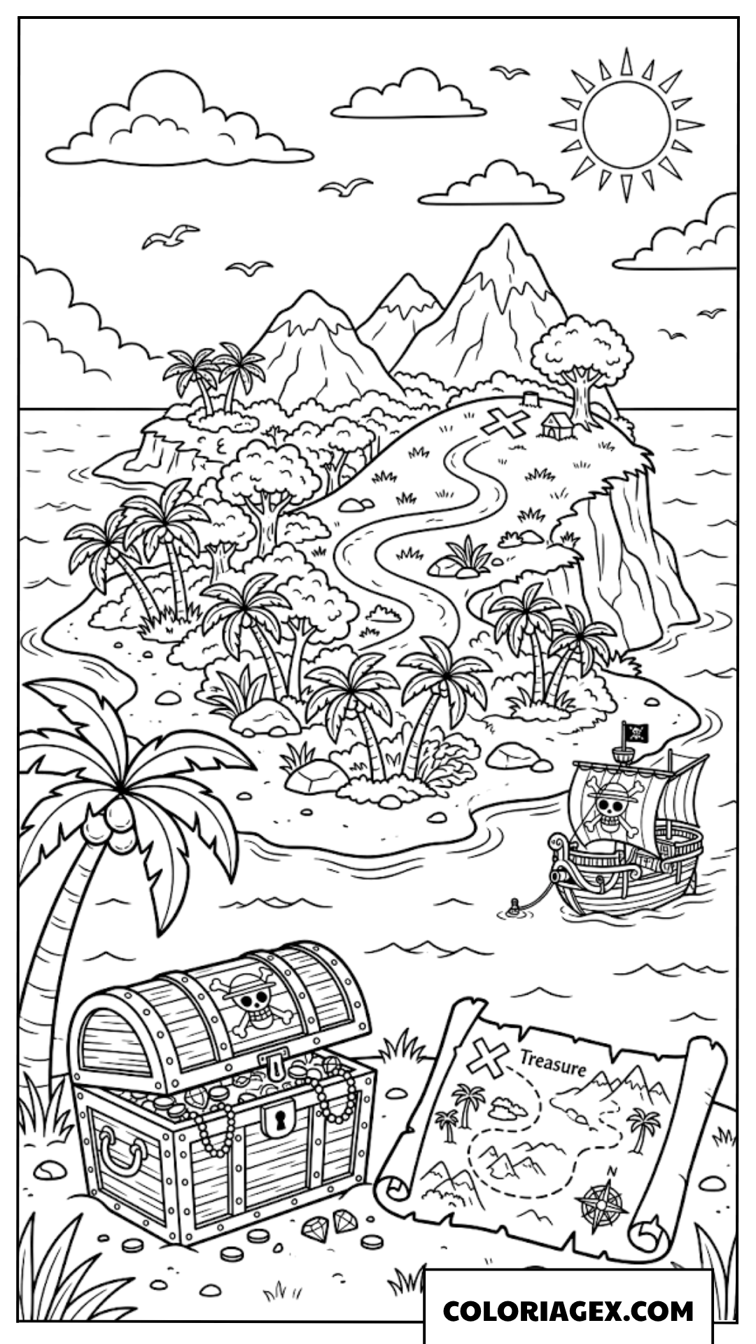 Coloriage Carte de Grand Line et trésor pirate