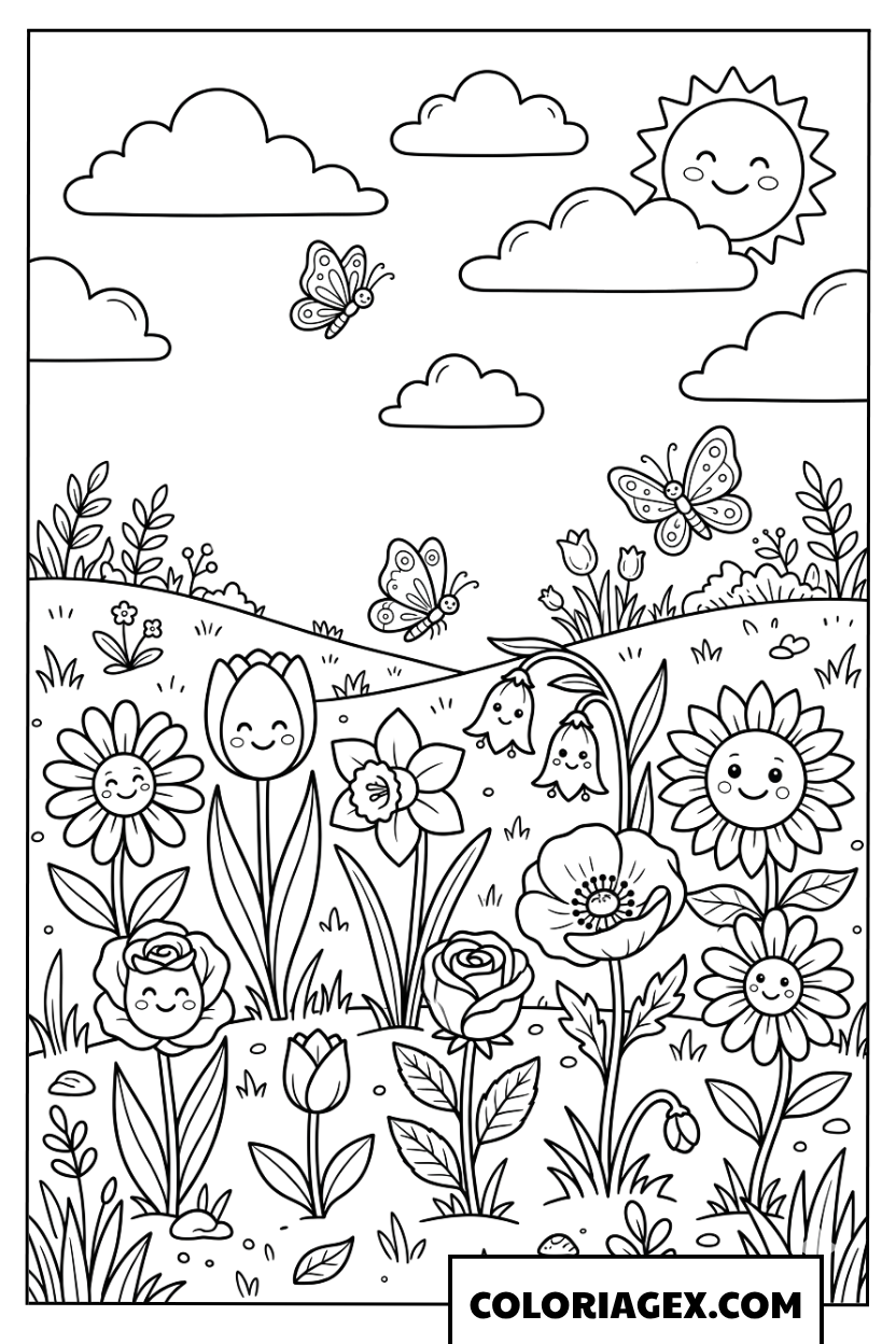 Coloriage Champ Fleuri Printanier Féérique