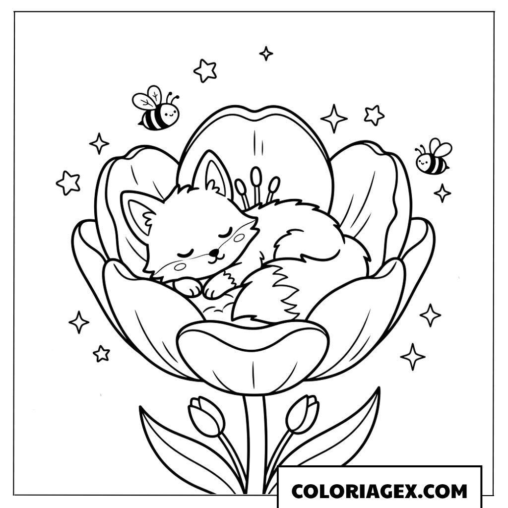 Coloriage Chaton Dormant dans une Tulipe
