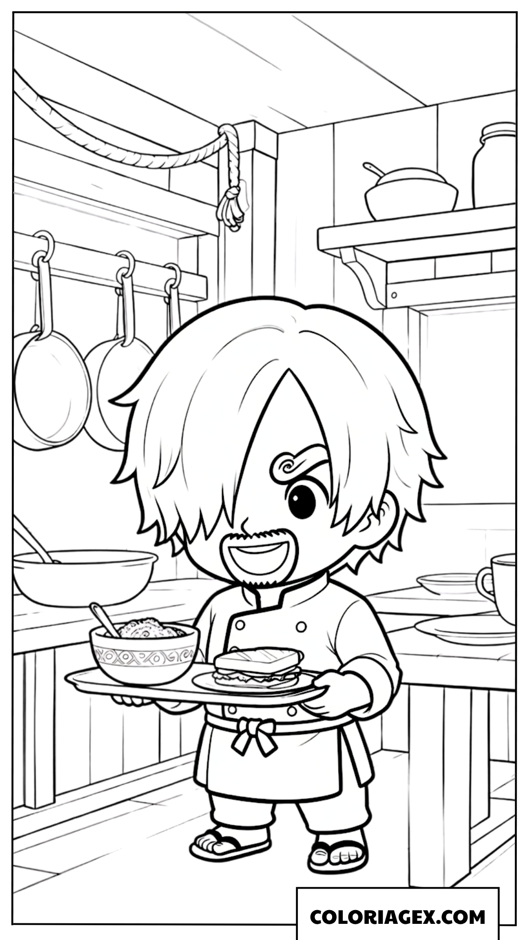 Coloriage Chef Sanji et ses plats gourmands