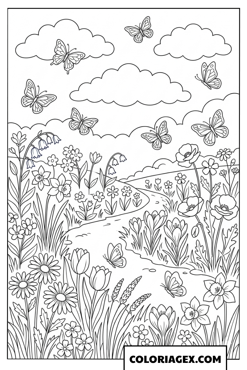 Coloriage Chemin Fleuri du Printemps rempli de Papillons